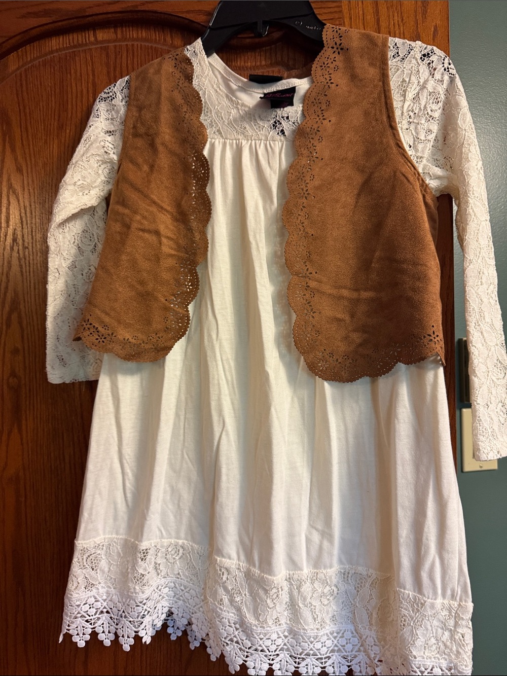 Girls Cream Lace Dress with Brown Suede-Look Vest
